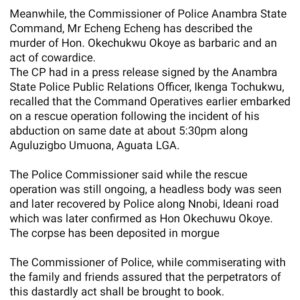 Anambra State Police Reacts After The Beheading of Anambra State Law Maker