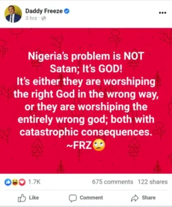 Satan Is Not Nigerians Problem But God is. Daddy Freeze Says as He Gives Explaination.