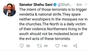 While explaining what he believes was the intention of the gunmen whom he referred to as terrorists, Senator Shehu Sani said that their intention was to trigger vendetta and national rift. According to him, the