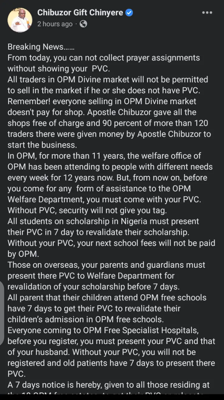 From Today No Prayer Assignment For You If You Show Your PVC - OPM General Overseer (Chibuzor Gift Chinyere) To Members