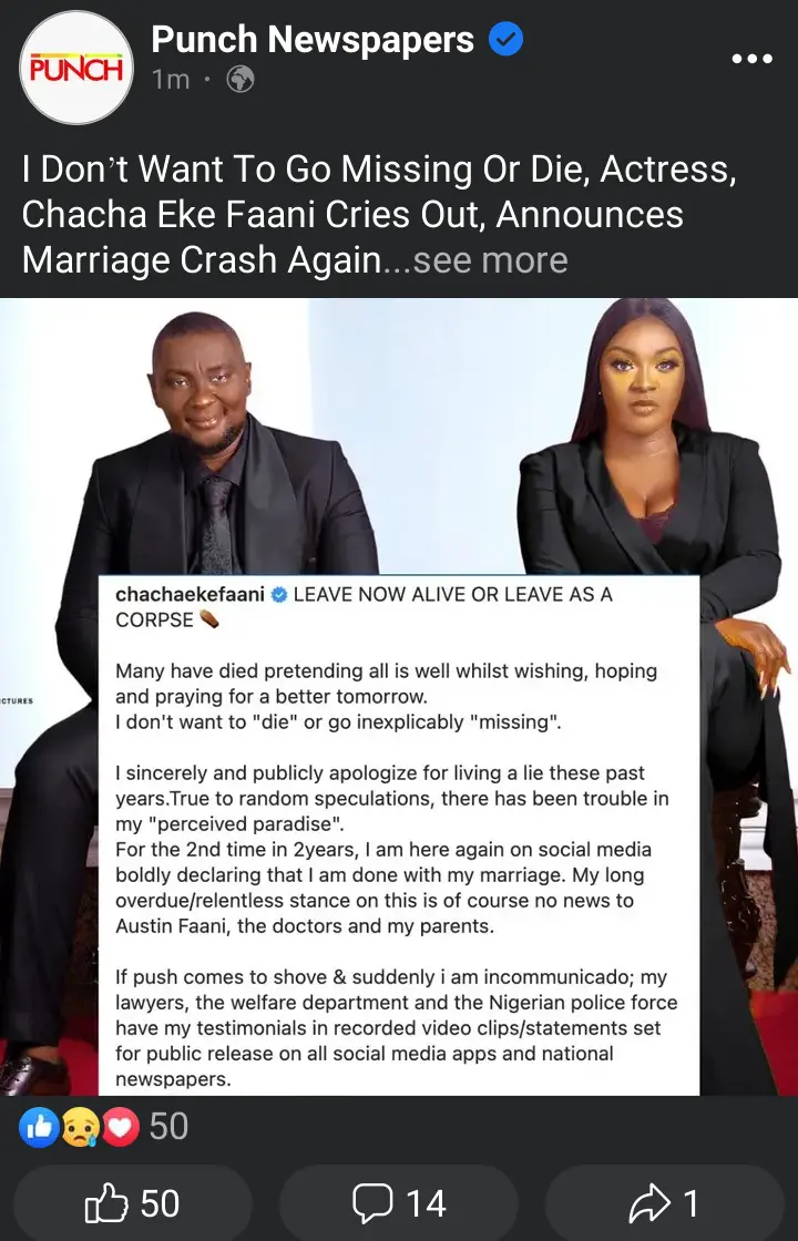Nigerian Actress Chacha Eke Announces Divorce From Her Husband Austin Faani, Gives Reason
