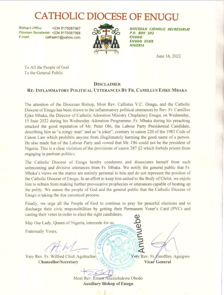 Enugu Catholic Diocese Distances Herself From Fr. Mbaka After Stinginess Statement Made to Peter Obi