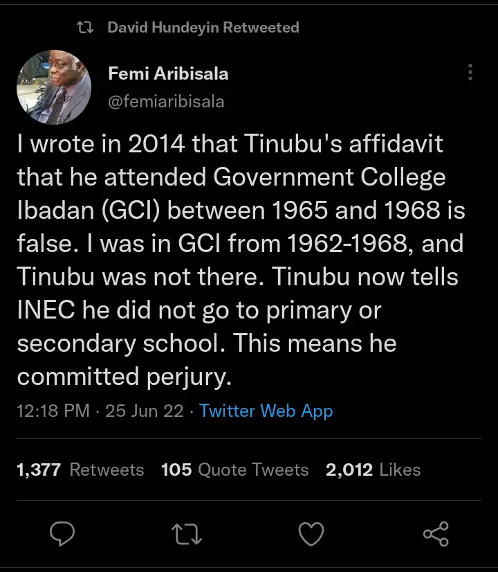 Alleged Tinubu Fmr. School Mate Femi Aribasala Reveals Shocking Truth Concerning Tinubu's Education