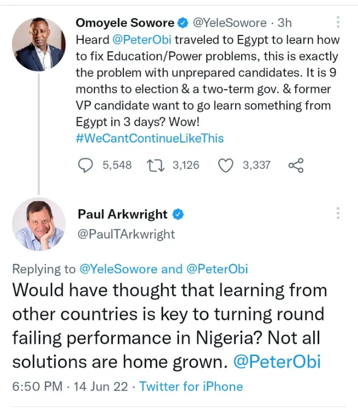British Diplomat Tackles Sowore For Criticizing Peter Obi Over Travelling To Egypt For Coukv Education and Power Purpose