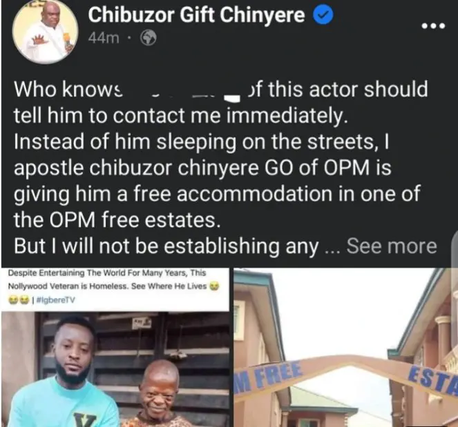 How I Plan to Help Homeless Veterans Actor OPM Pastor, Pastor Chibuzor Promises Veteran Actor.