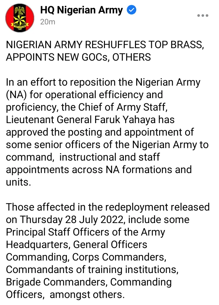 Insecurity: Chief Of Army Staff Reshuffles and Makes New Appointment Encourages Officers To Do More.