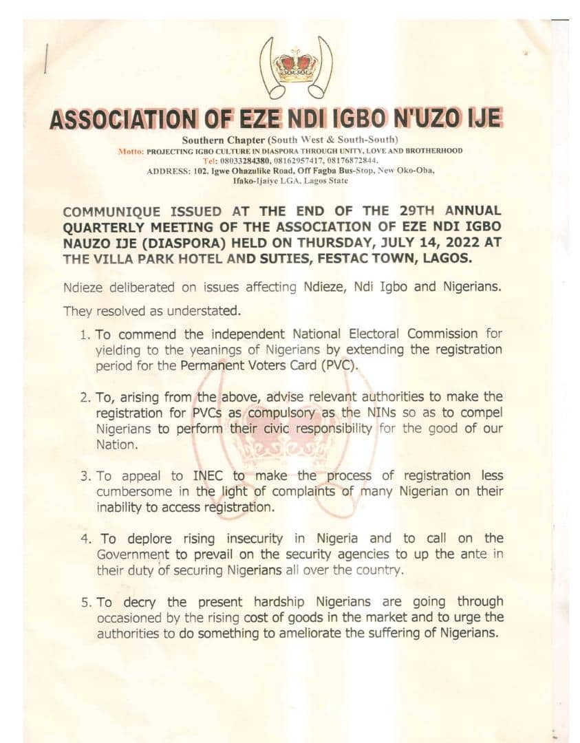 Association of Eze Ndi Igbo N'Uzo Ije (Diaspora) Endorses the APGA Presidential Candidate Prof Peter Umeadi.