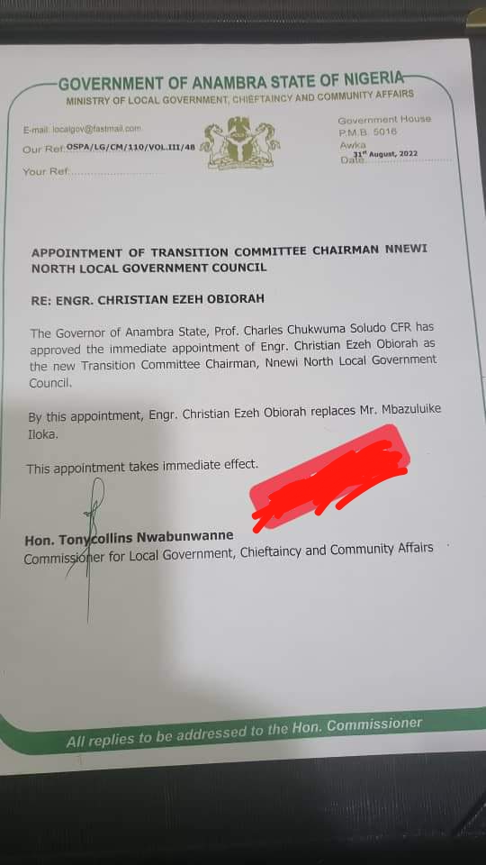 Gov. Soludo sacks MbaMba Iloka as TC chairman, Appoints Engr Christian Eze Obiora as the TC Chairman of Nnewi North LGA