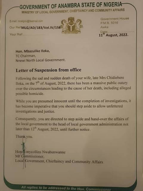 Gov. Soludo Suspends Hon Mbazulike Iloka LG Chairman Over Alleged Killing of Wife.