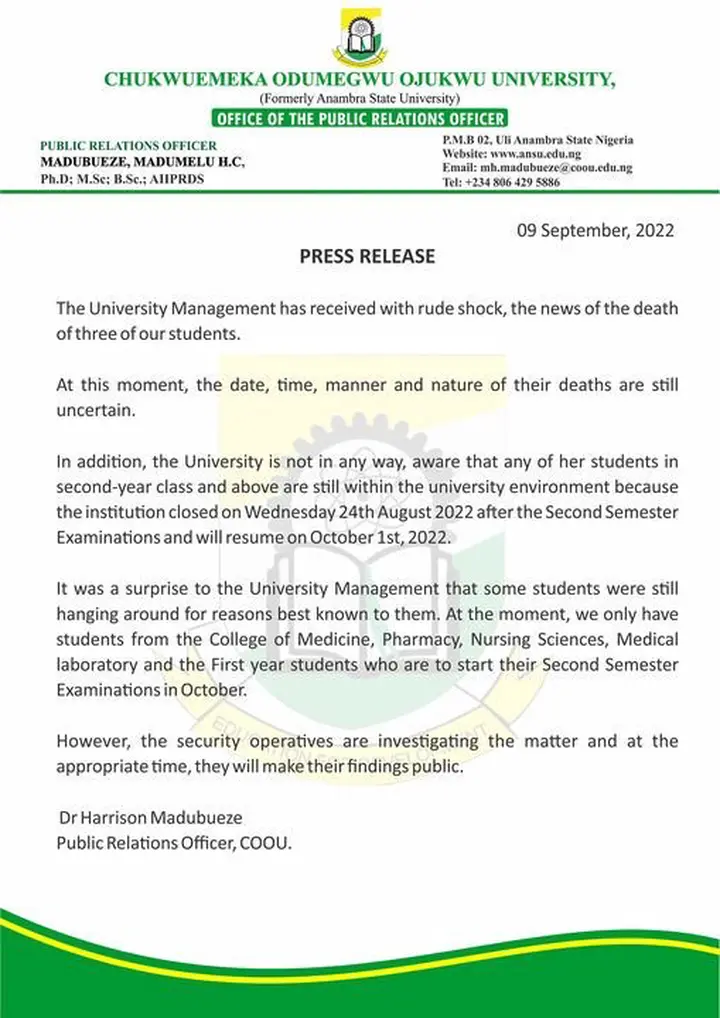 Anambra - Three Student Of Chukwuemeka Odumegwu Ojukwu University Found Dead In Their Hostel.
