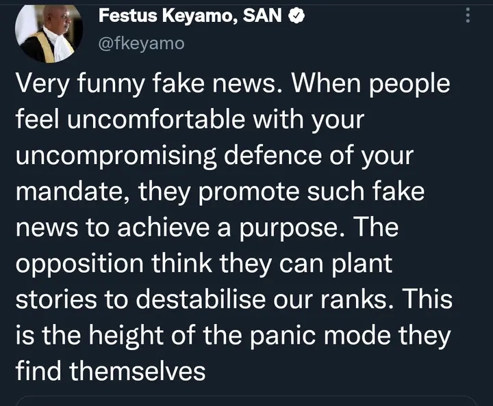 The Spokesman of the APC Presidential Campaign Council, Festus Kenyamo has taken to his official Twitter handle to react to the rumor that President