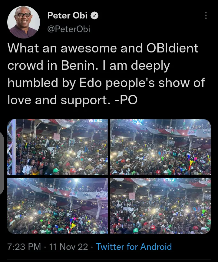 Peter Obi Reacts To The Massive Crowd That Attended His Rally In Edo State.