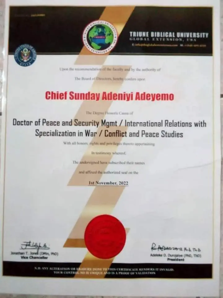 Sunday Igboho Bags Doctorate Degree For Peace From Triune Biblical University, United State 