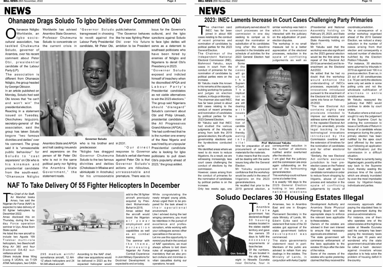 Breaking: Bellnews Paper Hardcopy Is Out Get Yours In All Notable Anambra Newspaper Stand