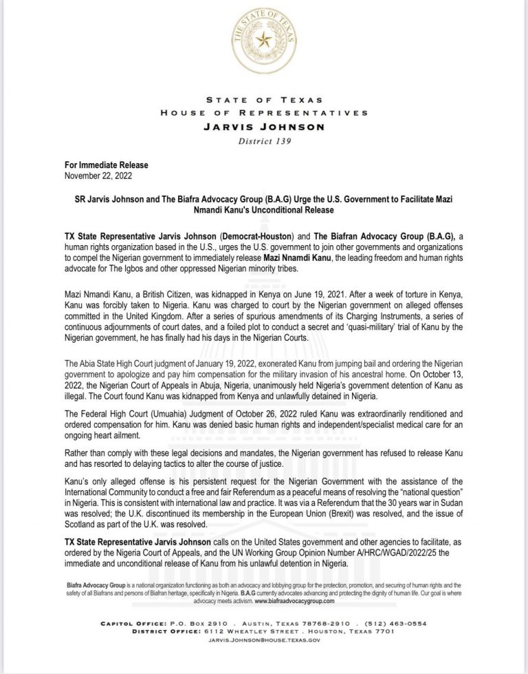 JUST IN: US House of Reps Member Jarvis Johnson Writes Biden Over Nnamdi Kanu [DOC]