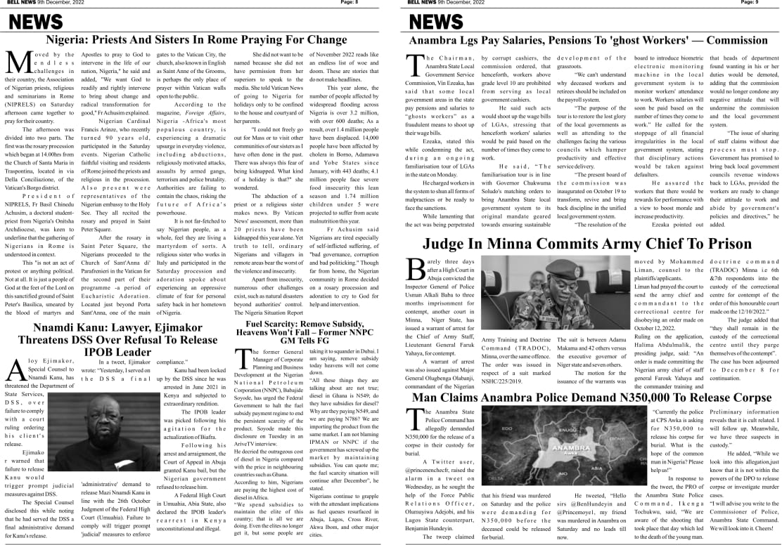 Breaking: Bellnews Newspaper Hardcopy For The Month Is Out Get Yours In All Notable Anambra Newspaper Stand or Click Read Below. (Pics/PDF)