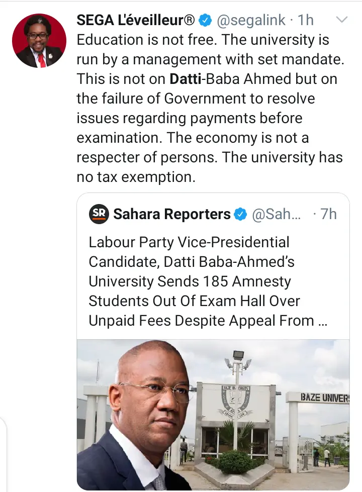 Segalink Reacts To Report of Datti's University Sending 185 Home Because of School Fees.