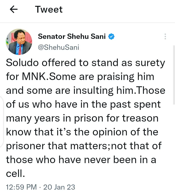 Shehu Sani Reacts After Soludo Offered To Stand Surety For Nnamdi Kanu