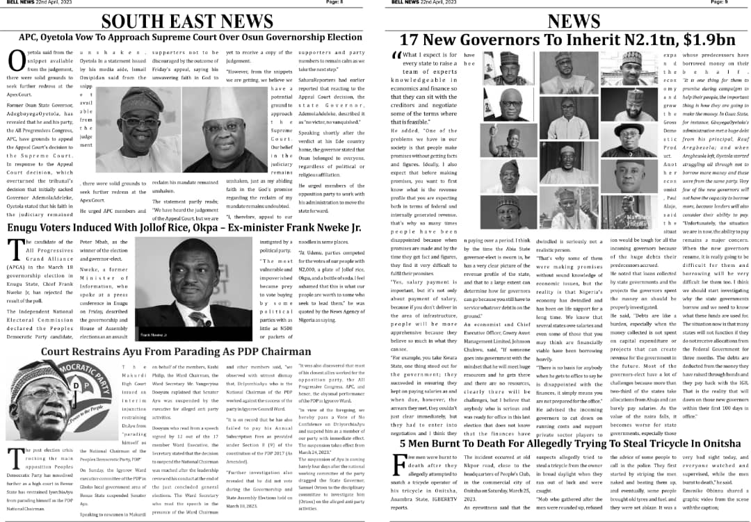 Breaking: Bellnews Newspaper Hardcopy For The Month Is Out Get Yours In All Notable Anambra Newspaper Stand or Click Read Below. (Pics/PDF)