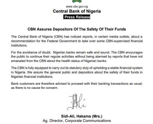 CBN Reassures Nigerians: Funds Safe in Banks Amid Unverified Reports