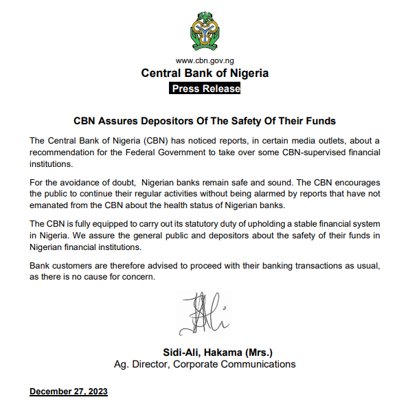 CBN Reassures Nigerians: Funds Safe in Banks Amid Unverified Reports